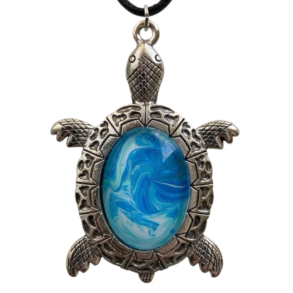 Hand Crafted Fluid Art Turtle Necklace Blue and White Pendant by Svetlana Yeung